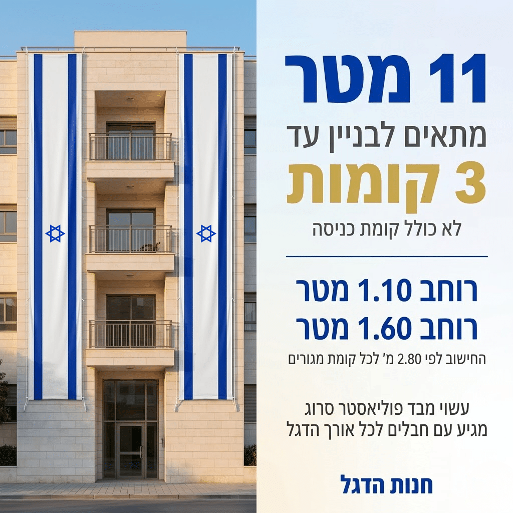 דגל אורך ישראל 11 מ' תוצרת הארץ - דגלי אורך לבניין ישראל - חנות הדגל